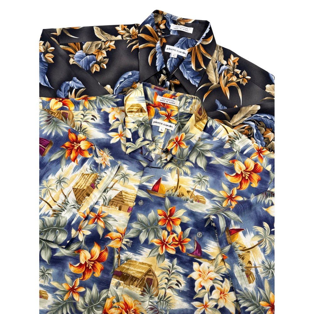 Pierre Cardin‎ Mens Large Lot 2 Aloha Hawaiian Tropical Button Up Shirt 100 Cott